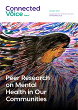 Cover image of Peer Research on Mental Health in Our Communities from Connected Voice Haref - colourful drawing of a woman