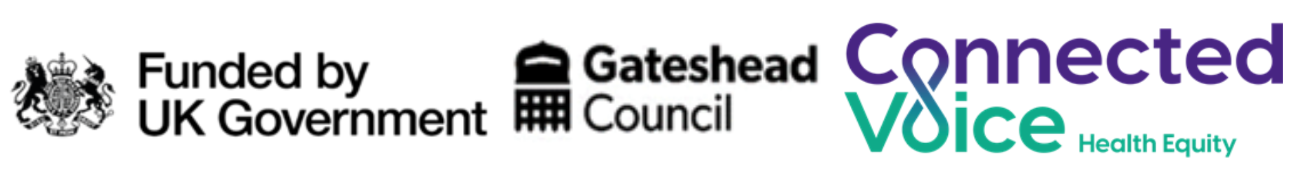UKSPF, Gateshead Council and Connected Voice Health Equity logos