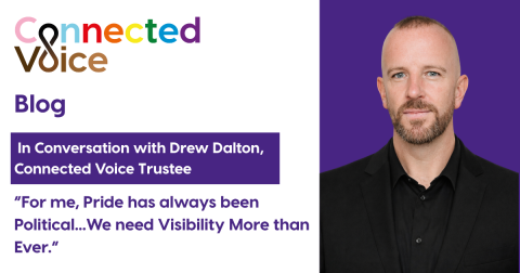 A graphic showing the Connected Voice logo, with a picture of Drew Dalton in a black suit to the right