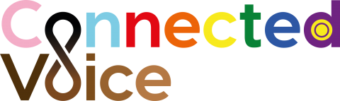 Connected Voice Pride Logo incorporating all the colours of the progress pride flag