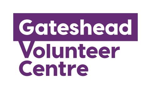 Gateshead written in white on purple rectangle, volunteer centre written in purple below on white background