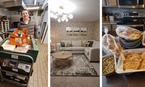 A collage showing three images of Royal Respite's work - a gentleman with a care package, the living room of a respite house, and a hot meal delivery