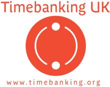 Heading of Timebanking UK with a red round logo like a clock face and our website of www.timebanking.org below.