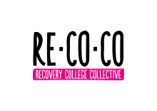 ReCoCo in black text with pink banner underneath containing the text Recovery College Collective 
