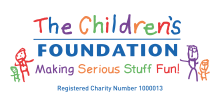 The charity name (the children's foundation) with the tag line 'making serious stuff fun' 4 hand drawn stick figures and the charity number 1000013