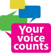Your Voice Counts logo which shows our charity name in a pink speech bubble with yellow, green and blue speech bubbles around it