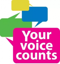 Your Voice Counts logo which displays the charity name in a series of speech bubbles