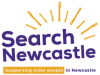 Logo of Search- words 'search newcastle' with sunrays coming out of the letters. 